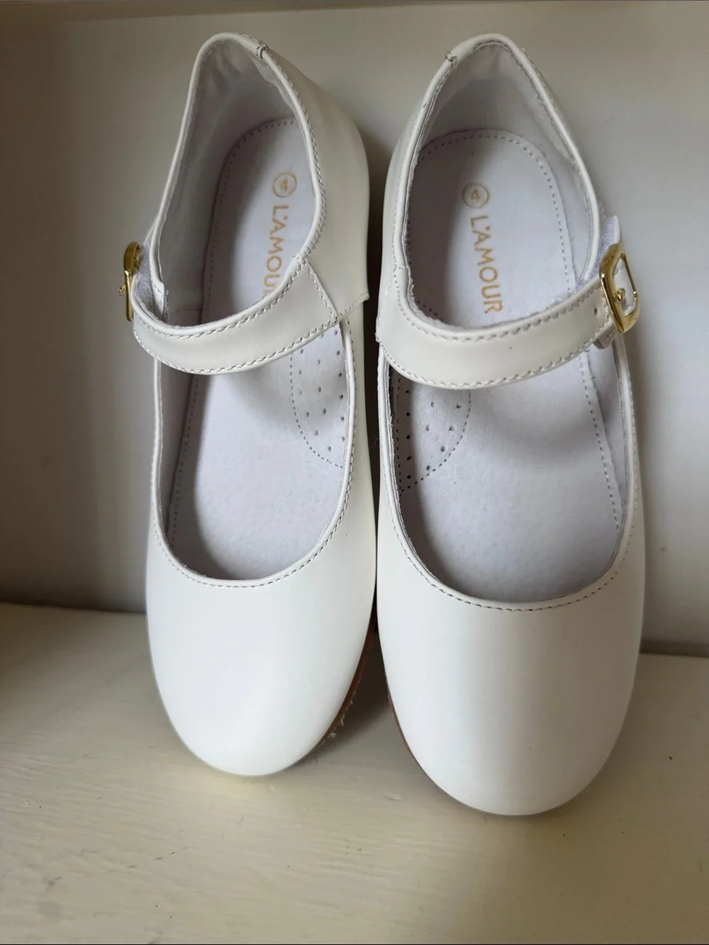 L’amour White Mary Jane Dress Shoes with Gold Buckle NWOT